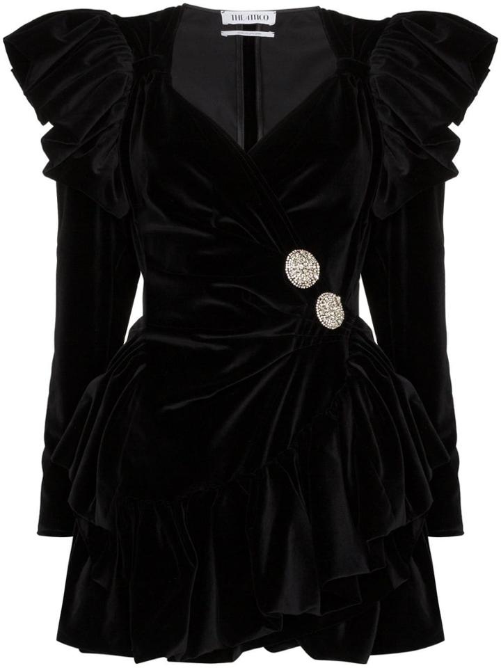 Attico Ruffled Velvet Wrap-front Mini Dress - Black