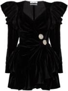 Attico Ruffled Velvet Wrap-front Mini Dress - Black