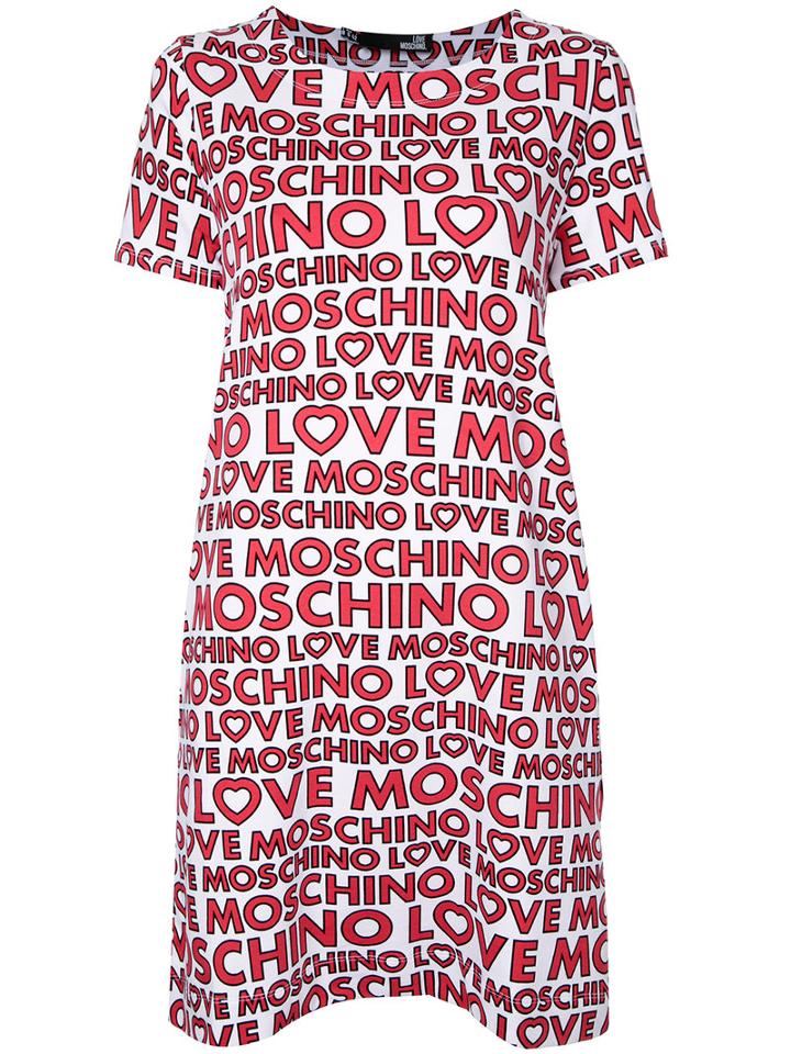 Love Moschino All-over Logo Dress, Women's, Size: 42, White, Cotton/spandex/elastane