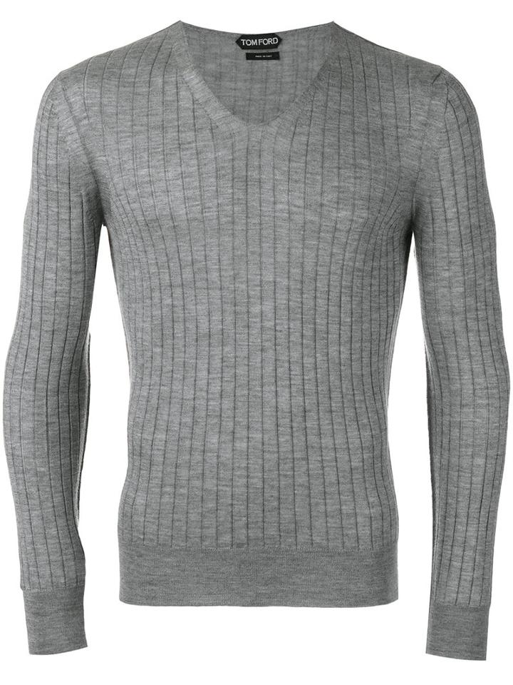 Tom Ford Ribbed V-neck Jumper, Men's, Size: 48, Grey, Silk/cashmere
