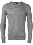 Tom Ford Ribbed V-neck Jumper, Men's, Size: 48, Grey, Silk/cashmere