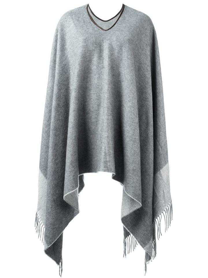 Agnona Contrast Hem Poncho, Women's, Grey, Lamb Skin/polyester/cashmere