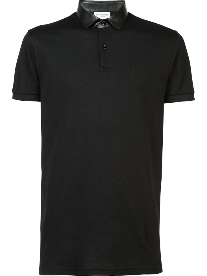 Saint Laurent Material-mix Polo Shirt, Men's, Size: Medium, Black, Cotton