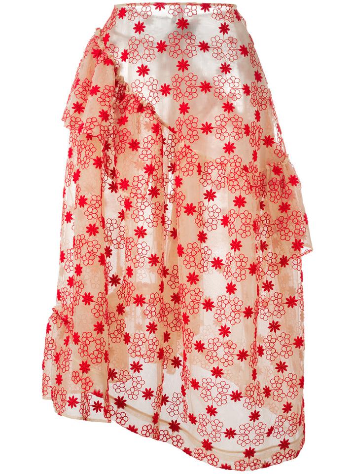 Simone Rocha Floral Print Ruffled Skirt, Women's, Size: 6, Red, Cotton/nylon/polyester