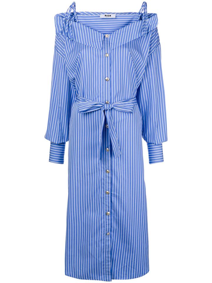 Msgm Collared Off The Shoulder Shirt Dress - Blue
