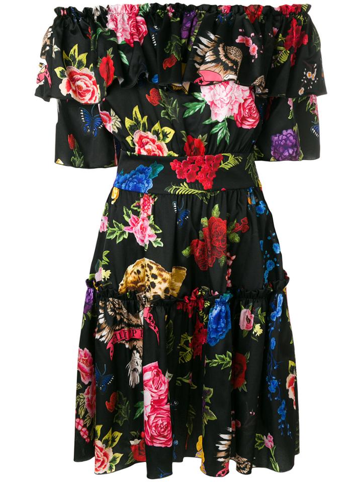 Philipp Plein Frilly Floral Print Bardot Dress - Black