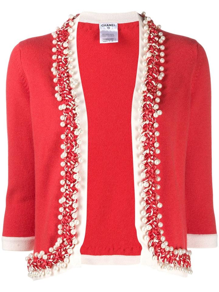 Chanel Pre-owned 2010s Faux-pearls Braided Trimming Cardigan - Red