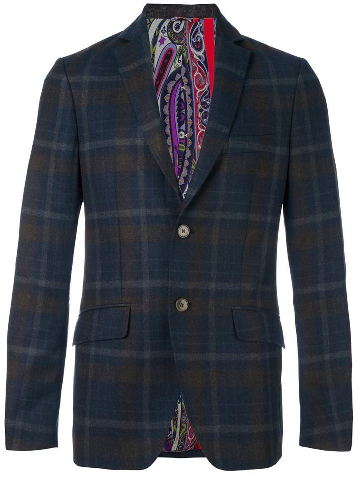 Etro Windowpane Plaid Blazer, Men's, Size: 50, Blue, Silk/acetate/viscose/wool
