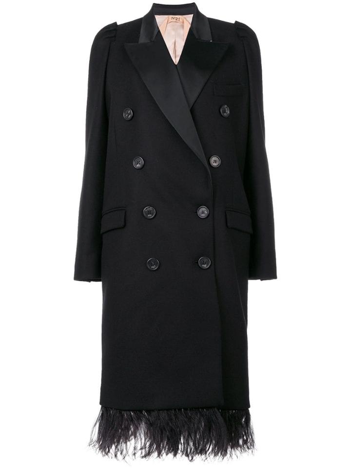 Nº21 Double Breasted Coat With Feathered Hem - Black