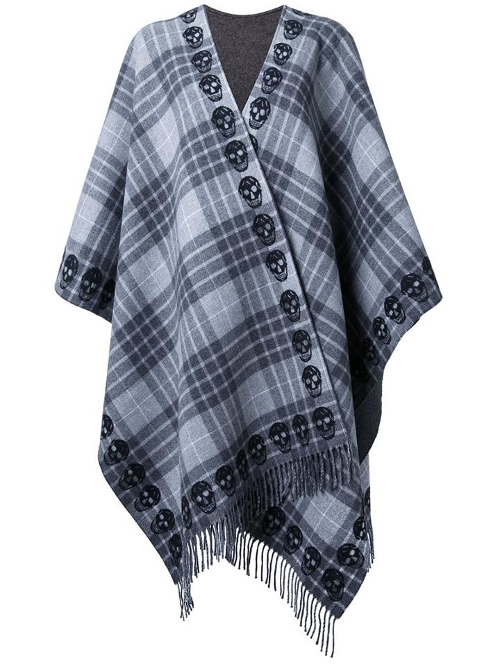 Alexander Mcqueen Tartan Skull Poncho, Women's, Grey, Wool