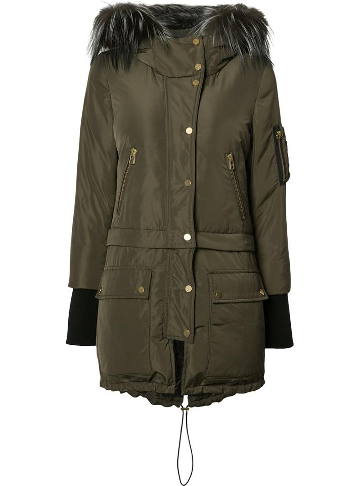 Veronica Beard Fur Trim Buttoned Up Coat, Size: Small, Green, Fox Fur/duck Feathers/feather