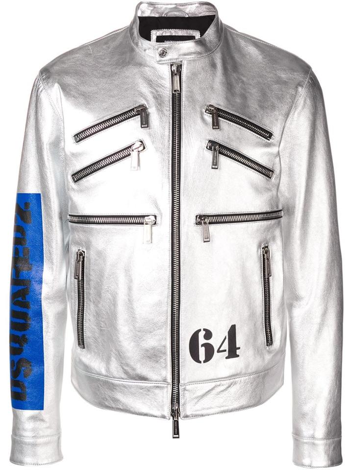 Dsquared2 Metallic Leather Racer Jacket - Silver