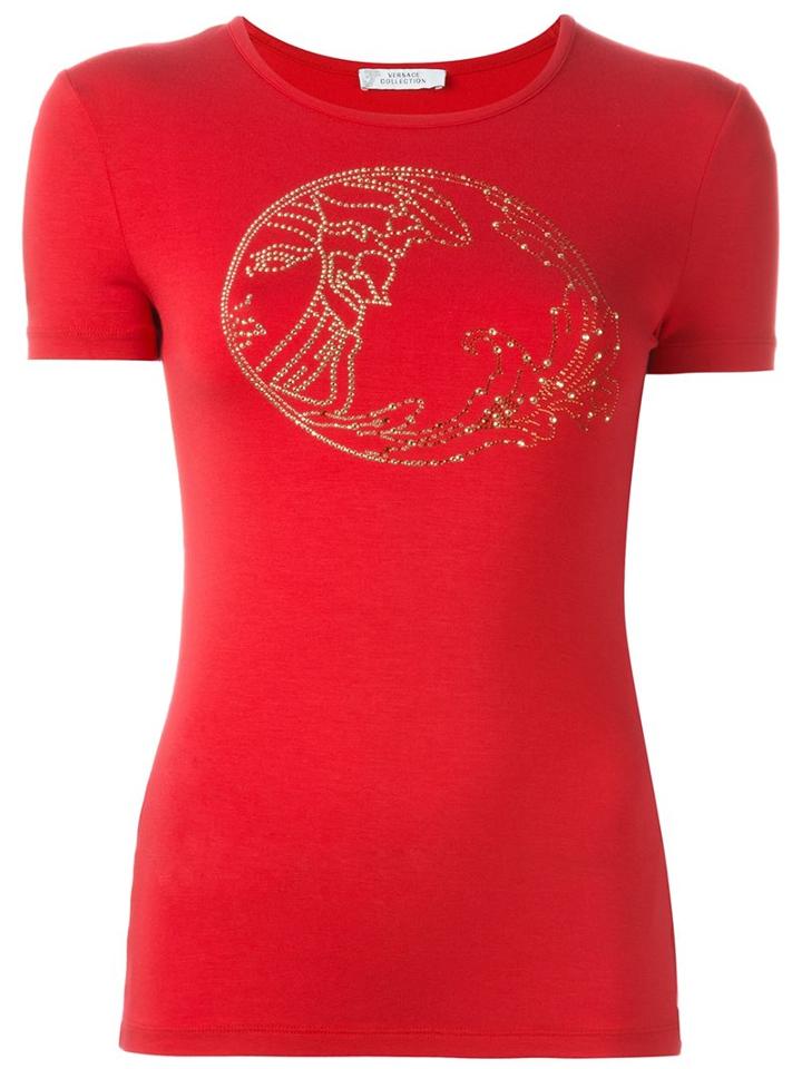 Versace Collection Studded 'medusa' T-shirt, Women's, Size: 46, Red, Viscose/spandex/elastane
