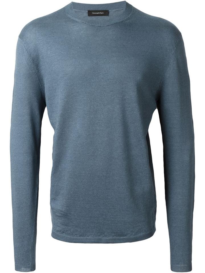 Ermenegildo Zegna Crew Neck Jumper, Men's, Size: 46, Blue, Linen/flax