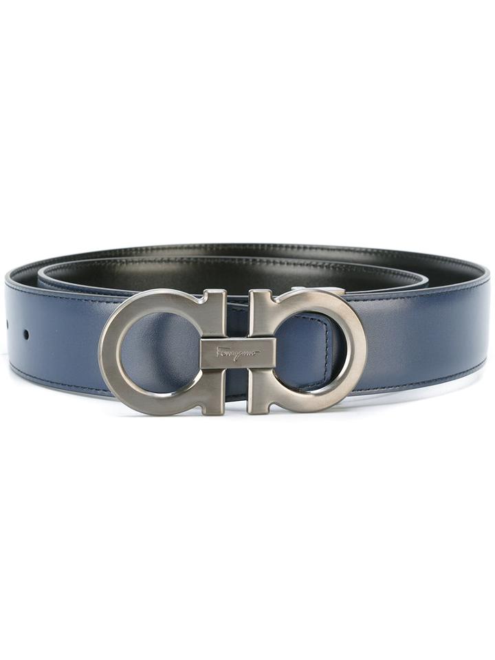Salvatore Ferragamo Double Gancio Buckle Belt, Men's, Size: 115, Blue, Calf Leather