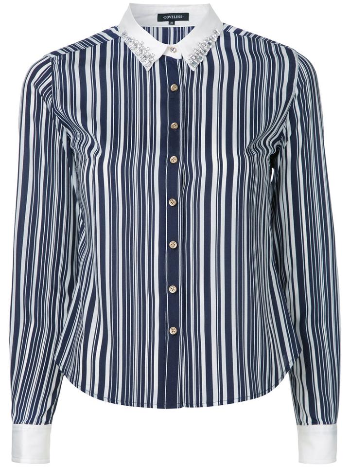 Loveless - Embellished Collar Striped Shirt - Women - Polyester - 34, Blue, Polyester