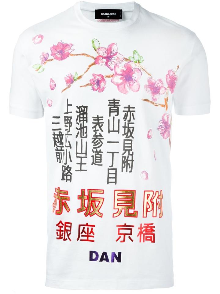 Dsquared2 Cherry Blossom Kanji T-shirt, Men's, Size: Large, White, Cotton