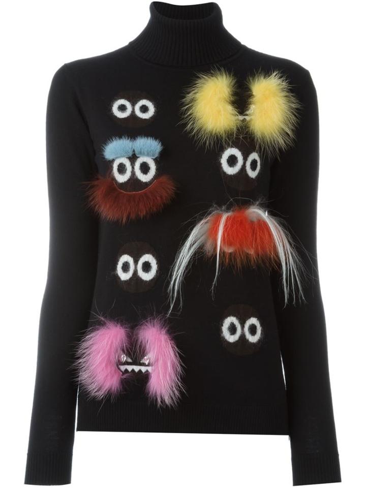 Fendi Bag Bugs Jumper, Women's, Size: 44, Black, Fox Fur/goat Skin/mink Fur/glass