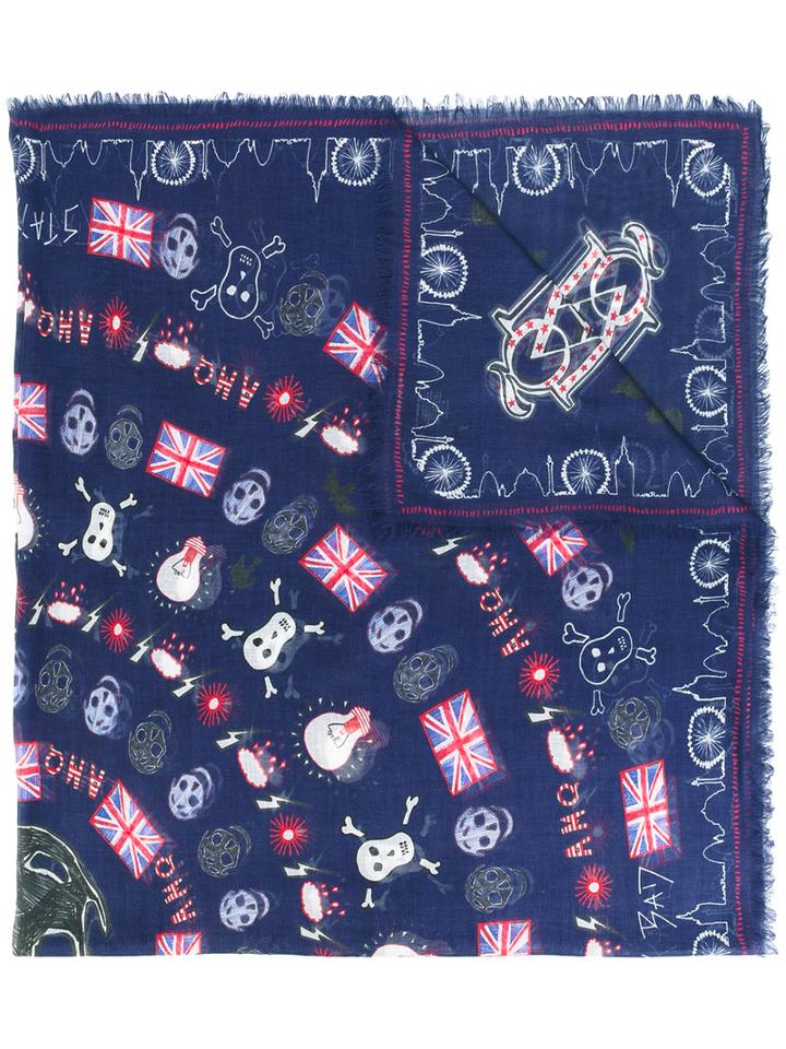 Alexander Mcqueen - Skull And Flag Print Scarf - Men - Silk/modal - One Size, Blue, Silk/modal