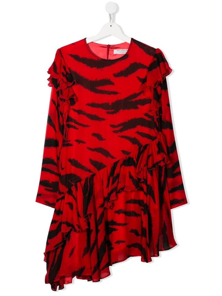 Philosophy Di Lorenzo Serafini Kids Ruffled Tiger Stripes Dress - Red