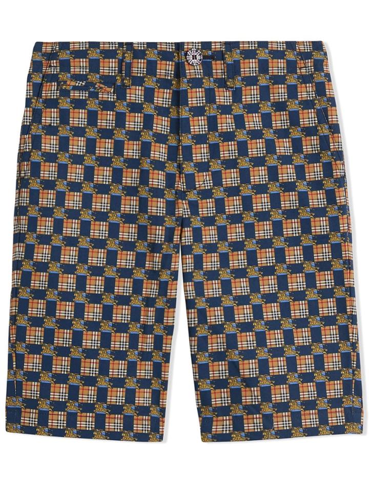 Burberry Kids Teen Tiled Archive Print Cotton Shorts - Blue