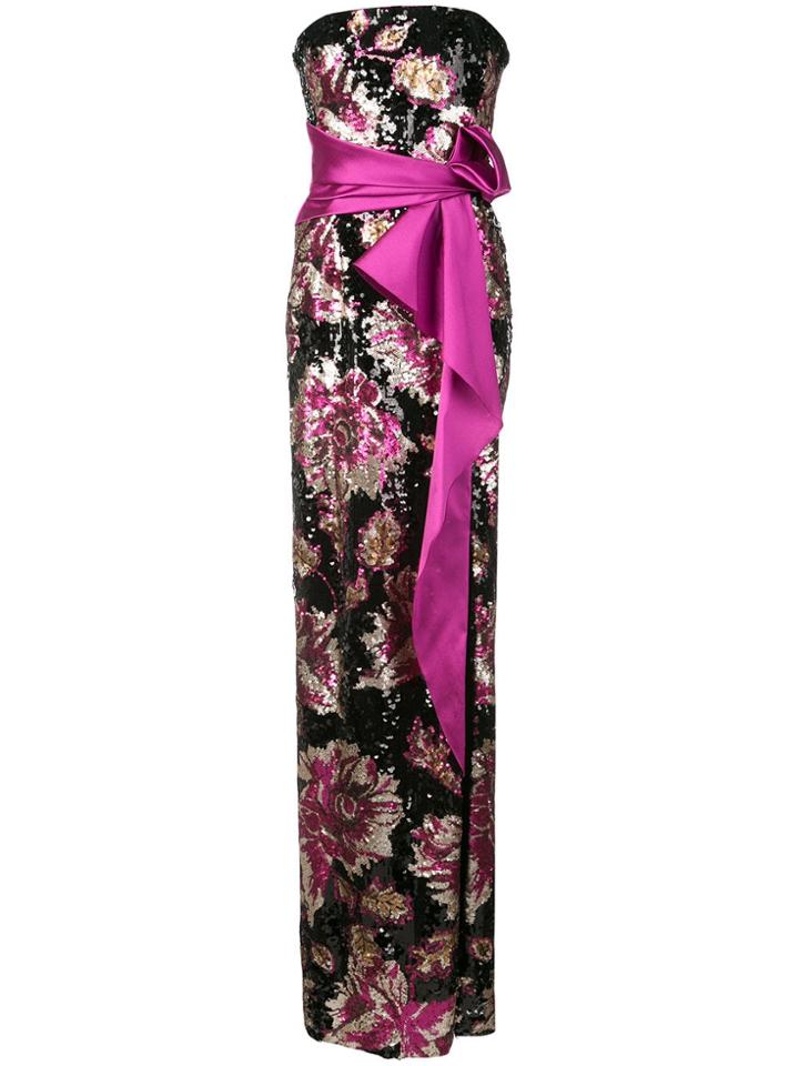 Marchesa Notte Strapless Sequined Peony Gown - Black