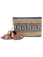 Yosuzi Canvas Woven Pouch With Pompom Tassels - Blue