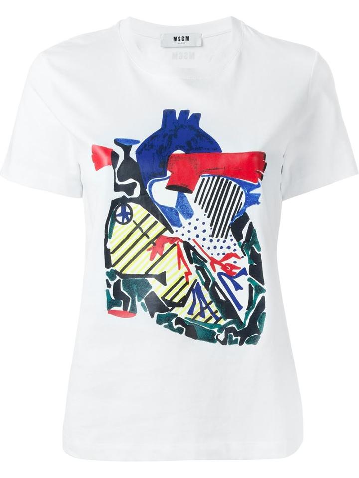 Msgm Heart Print T-shirt, Women's, Size: L, White, Cotton