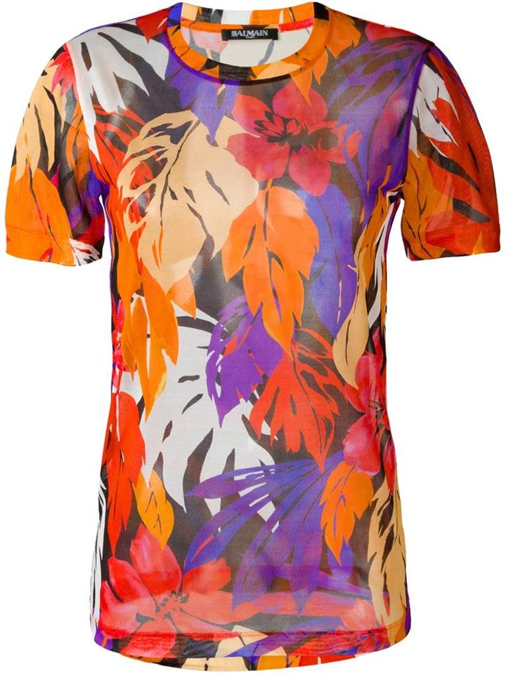 Balmain Floral Sheer Top, Women's, Size: 38, Orange, Silk