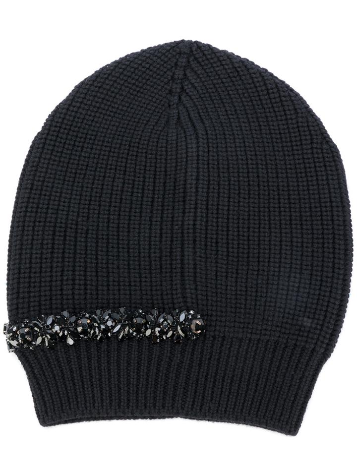 No21 Embellished Ribbed Beanie - Black