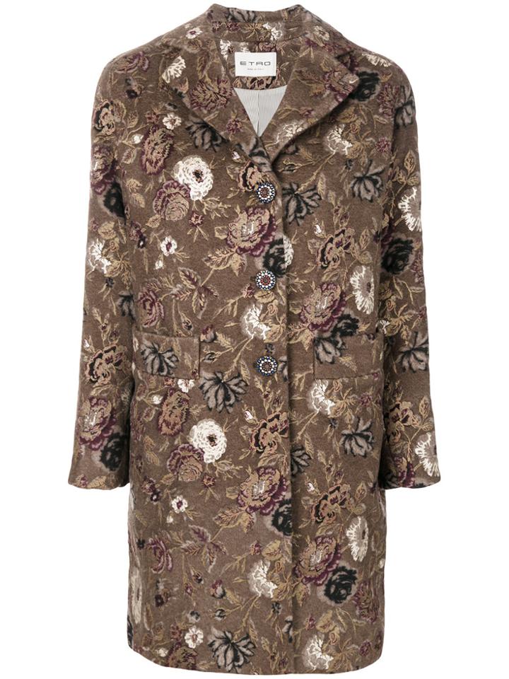 Etro Floral Print Button Up Coat - Brown