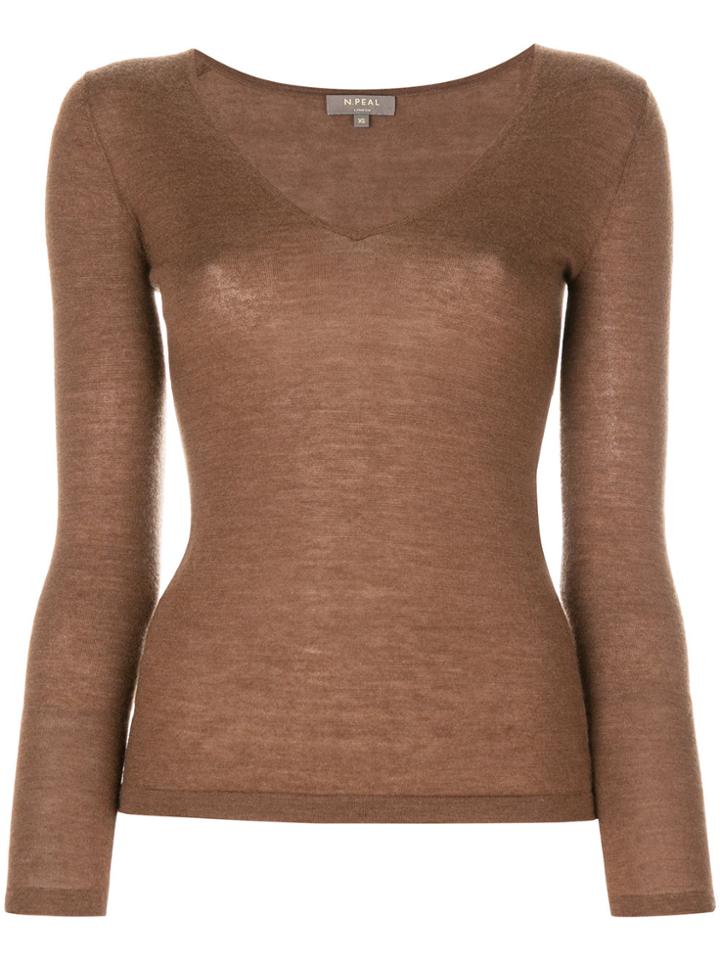 N.peal Superfine V-neck Jumper - Brown