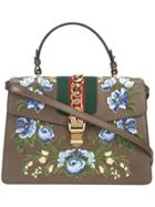 Gucci Sylvie Embroidered Top Handle Bag - Brown