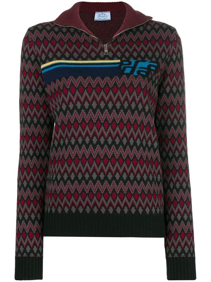 Prada Logo Intarsia Half-zip Sweater - Black