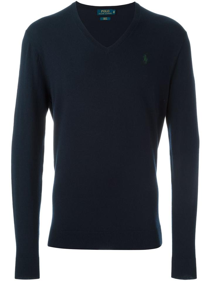 Polo Ralph Lauren Embroidered Logo V-neck Jumper, Men's, Size: Xl, Blue, Polyester/wool