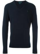 Polo Ralph Lauren Embroidered Logo V-neck Jumper, Men's, Size: Xl, Blue, Polyester/wool