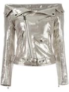 Faith Connexion Off-shoulders Glittery Biker Jacket, Women's, Size: 36, Grey, Lamb Skin/polyester