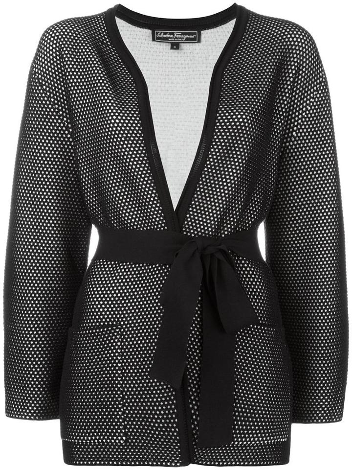 Salvatore Ferragamo Open Knit Tied Cardigan, Women's, Size: Large, Black, Silk/cotton/virgin Wool