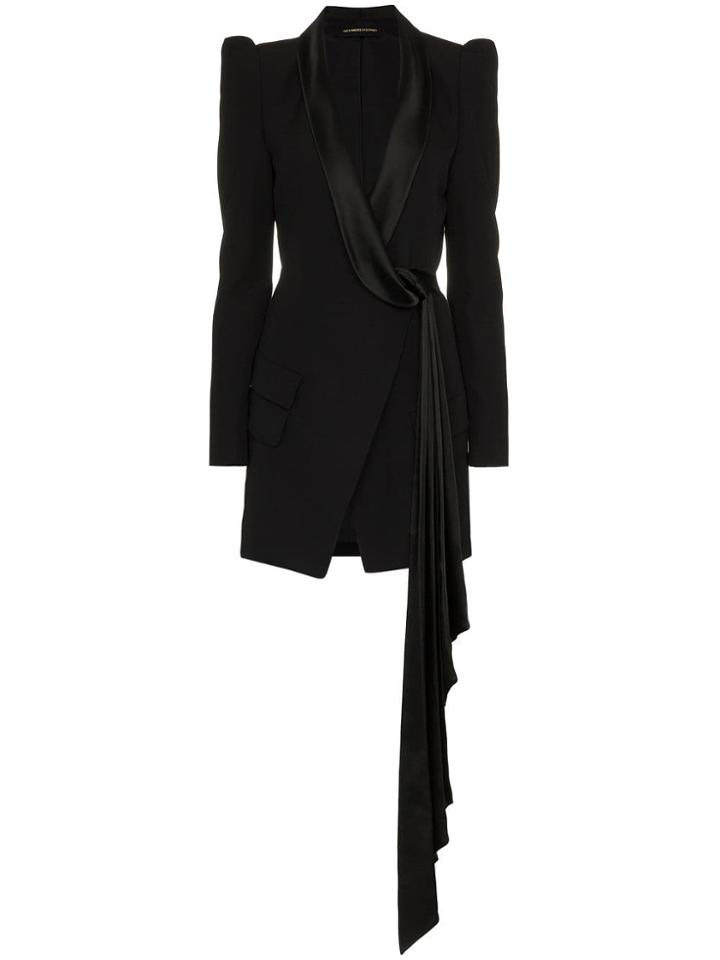 Alexandre Vauthier V-neck Satin Lapel Wool Blend Tux Dress - Black
