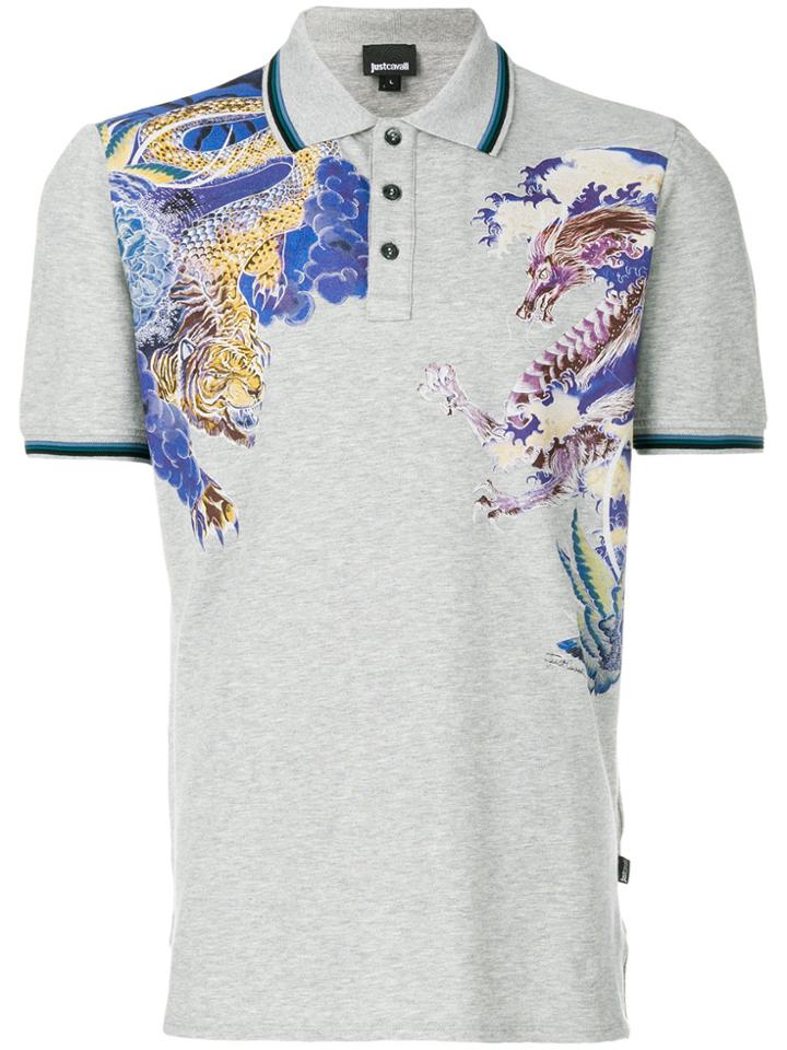 Just Cavalli Dragon Print Polo Shirt - Grey
