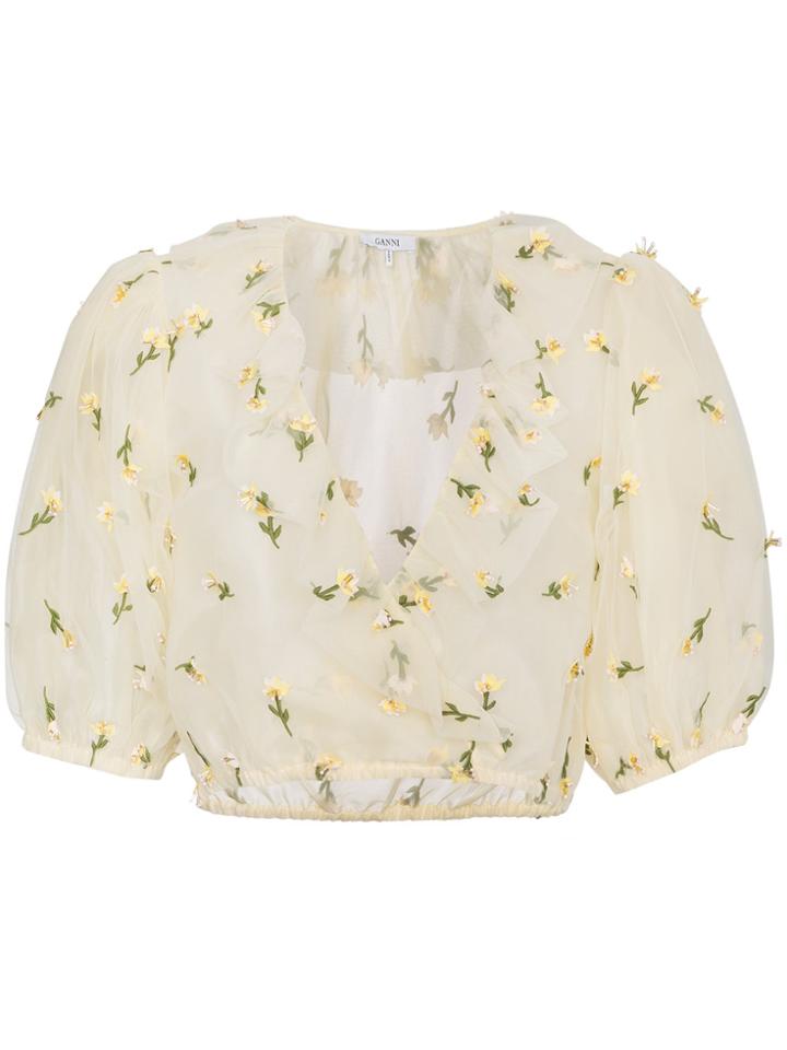 Ganni Bliss Floral Embroidered Cropped Top - Yellow & Orange