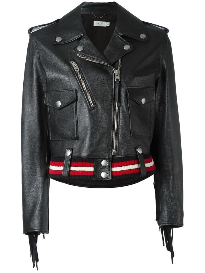 Coach Striped Detail Biker Jacket, Women's, Size: 0, Black, Leather/cotton/viscose/spandex/elastane