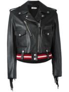 Coach Striped Detail Biker Jacket, Women's, Size: 0, Black, Leather/cotton/viscose/spandex/elastane