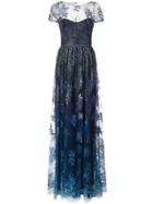 Marchesa Notte Sheer Floral Embroidered Gown - Blue