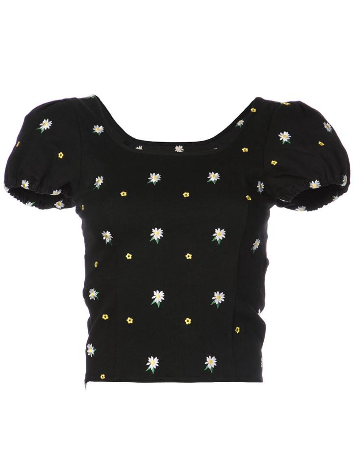 Miaou Daisy Embroidered Corset Crop Top - Black