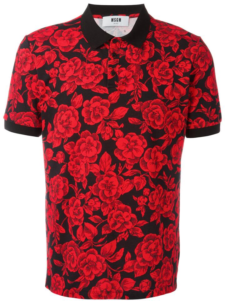 Msgm Rose Print Polo Shirt, Men's, Size: Large, Red, Cotton