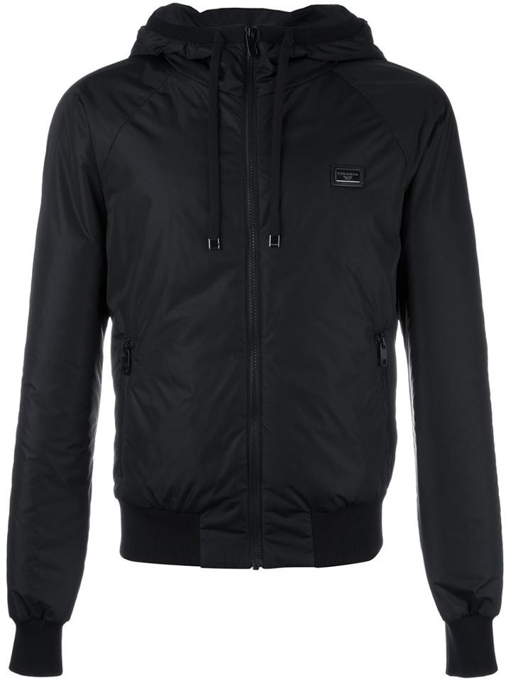 Dolce & Gabbana Drawstring Hooded Jacket, Men's, Size: 52, Black, Calf Leather/acrylic/polyamide/zamac