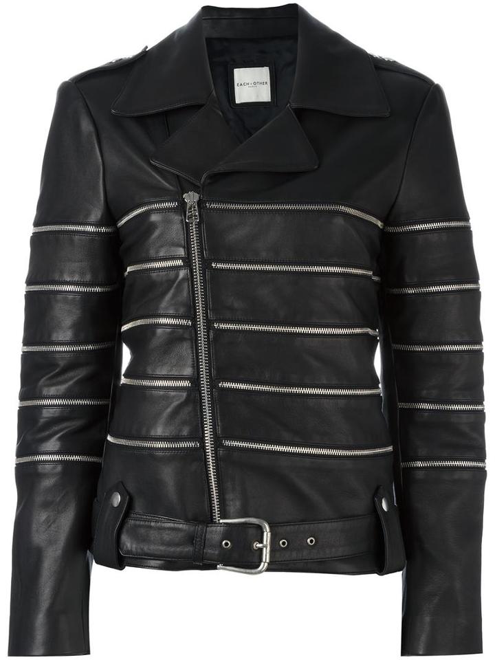 Each X Other Striped Biker Jacket, Women's, Size: Medium, Black, Lamb Skin/polyester