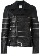 Each X Other Striped Biker Jacket, Women's, Size: Medium, Black, Lamb Skin/polyester