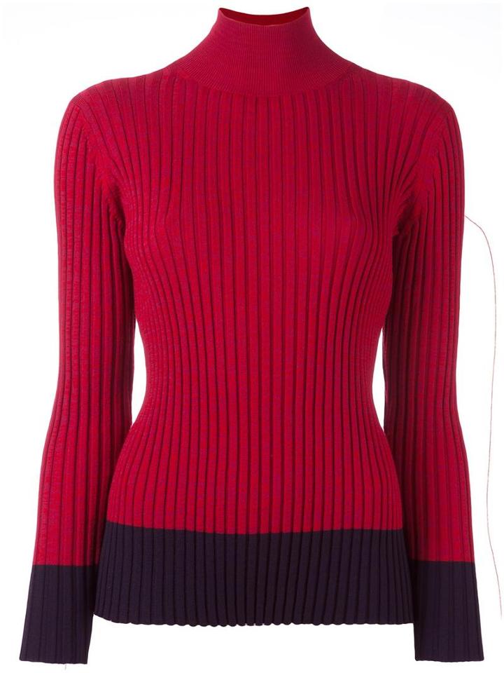Jil Sander Navy Ribbed Two Tone Turtleneck Jumper, Women's, Size: Medium, Red, Wool/nylon